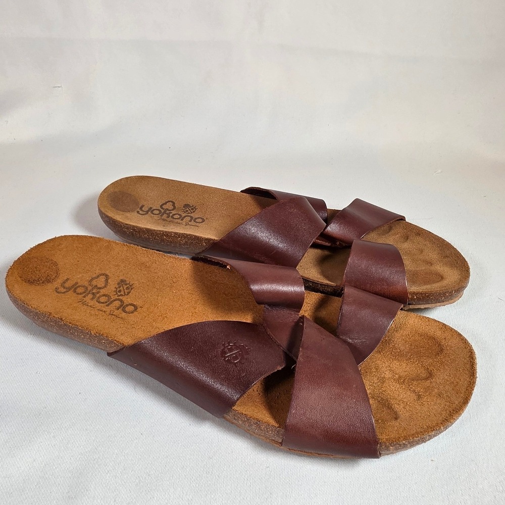 YOKONO Womens 9.5 Brown Leather Slide Sandals Cork Footbed Boho Comfort Spain